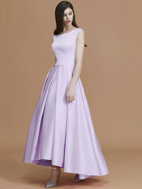 Modern Bateau Sleeveless Asymmetrical Ruffles Satin Bridesmaid Dresses - Image 25