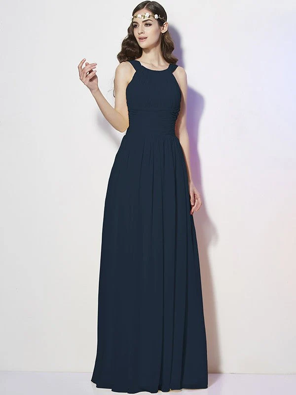 Modern Bateau Sleeveless Pleats Long Chiffon Bridesmaid Dresses - Image 9