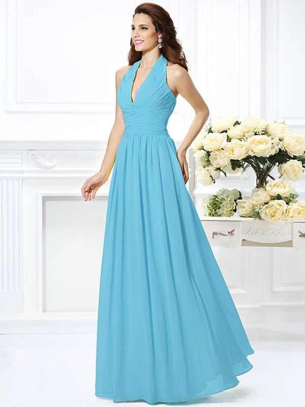 Charming Halter Pleats Sleeveless Long Chiffon Bridesmaid Dresses - Image 3