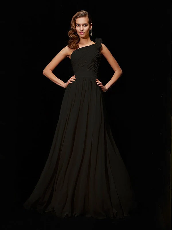 Classy Sleeveless One Shoulders Hand-Made Flower Long Chiffon Bridesmaid Dresses - Image 2