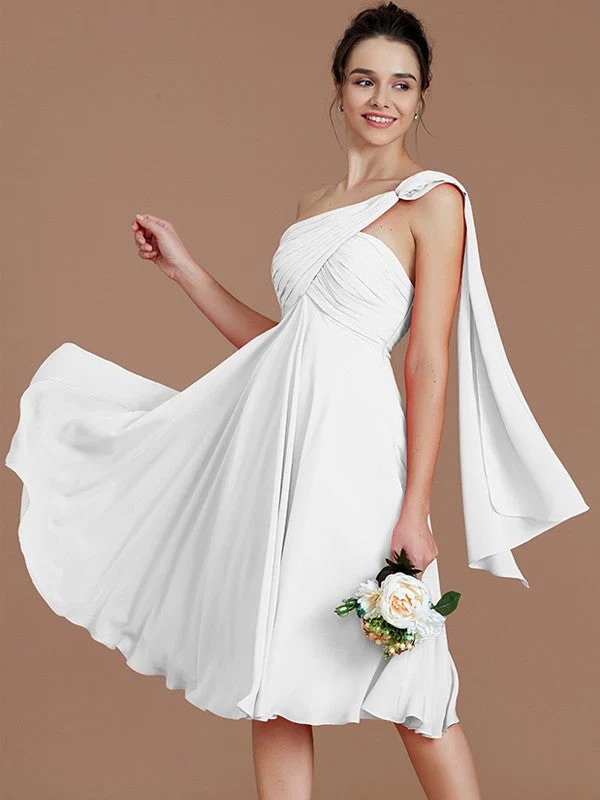 Classy Sleeveless One Shoulders Ruched Short/Mini Chiffon Bridesmaid Dresses - Image 33