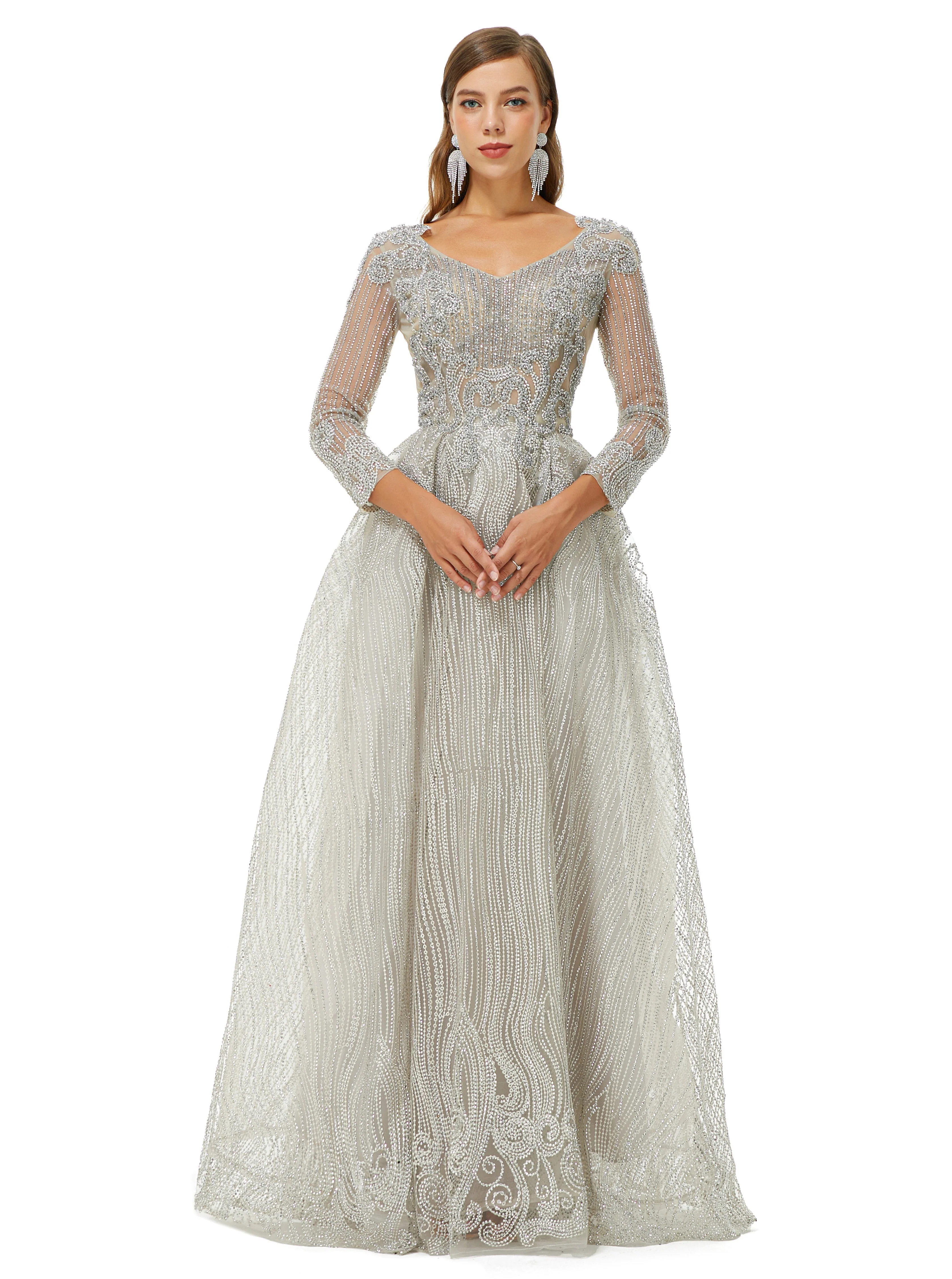 A-line V-neck Beading Floor-length Long Sleeve Open Back Lace Prom Dress