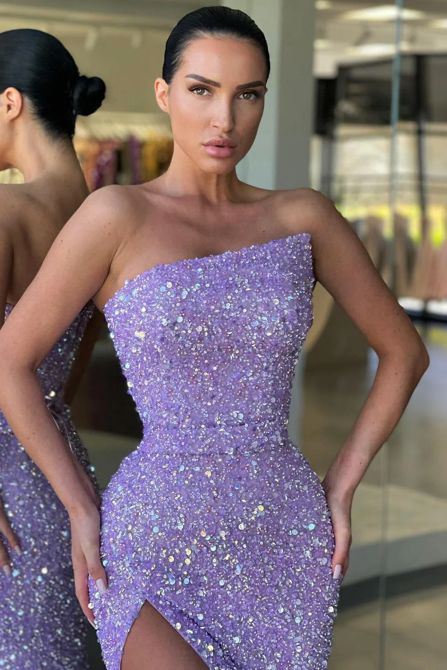 Asymmetrical Mermaid Off-the-shoulder Sequined Floor-length High Split Open Back Prom Dress - Image 2