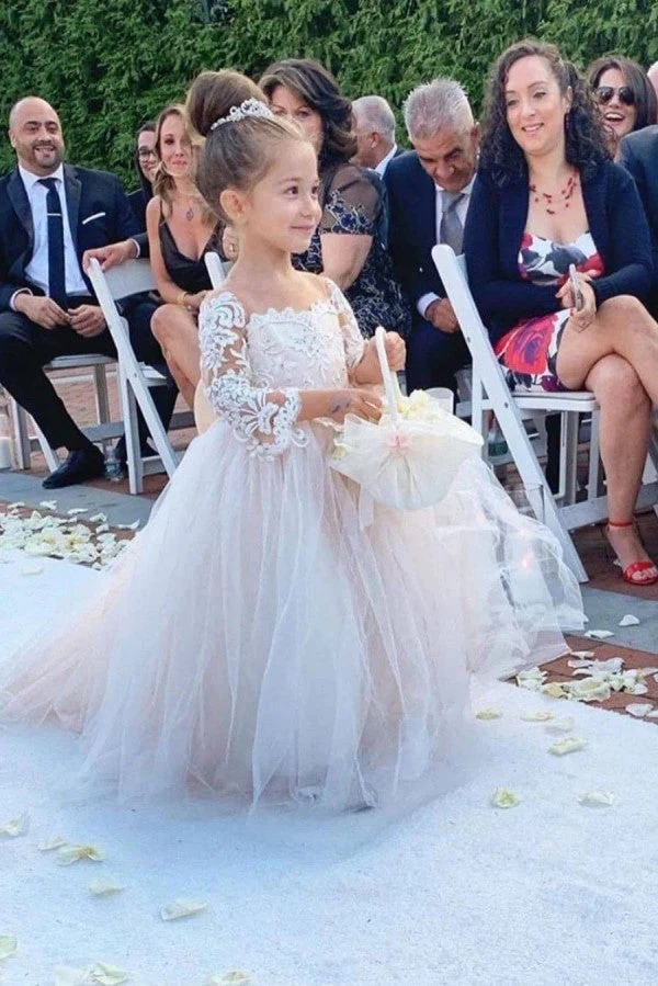 Ball Gown Long Sleeve Strapless Floor Length Tulle Applique With Back Bow Flower Girl Dress - Image 2