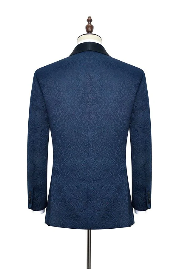 Classy Navy Blue Mens Suits for Weddings Jacquard Black Silk Shawl Lapel Prom Suits - Image 2