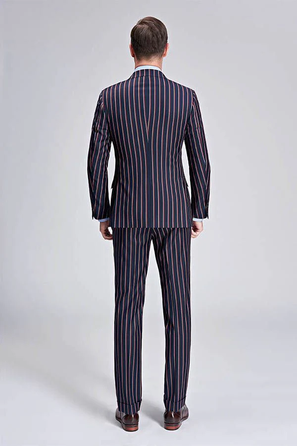 Bespoke Stripes Dark Navy Mens Suits Peak Lapel Three Flap Pockets Suits for Men - Image 4