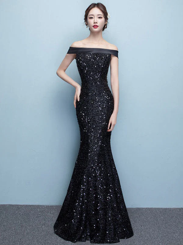 Glamorous Black Evening Dress Lace Sequin Bateau Mermaid Formal Dress Off The Shoulder Floor Length Occasion Dress wedding guest dress