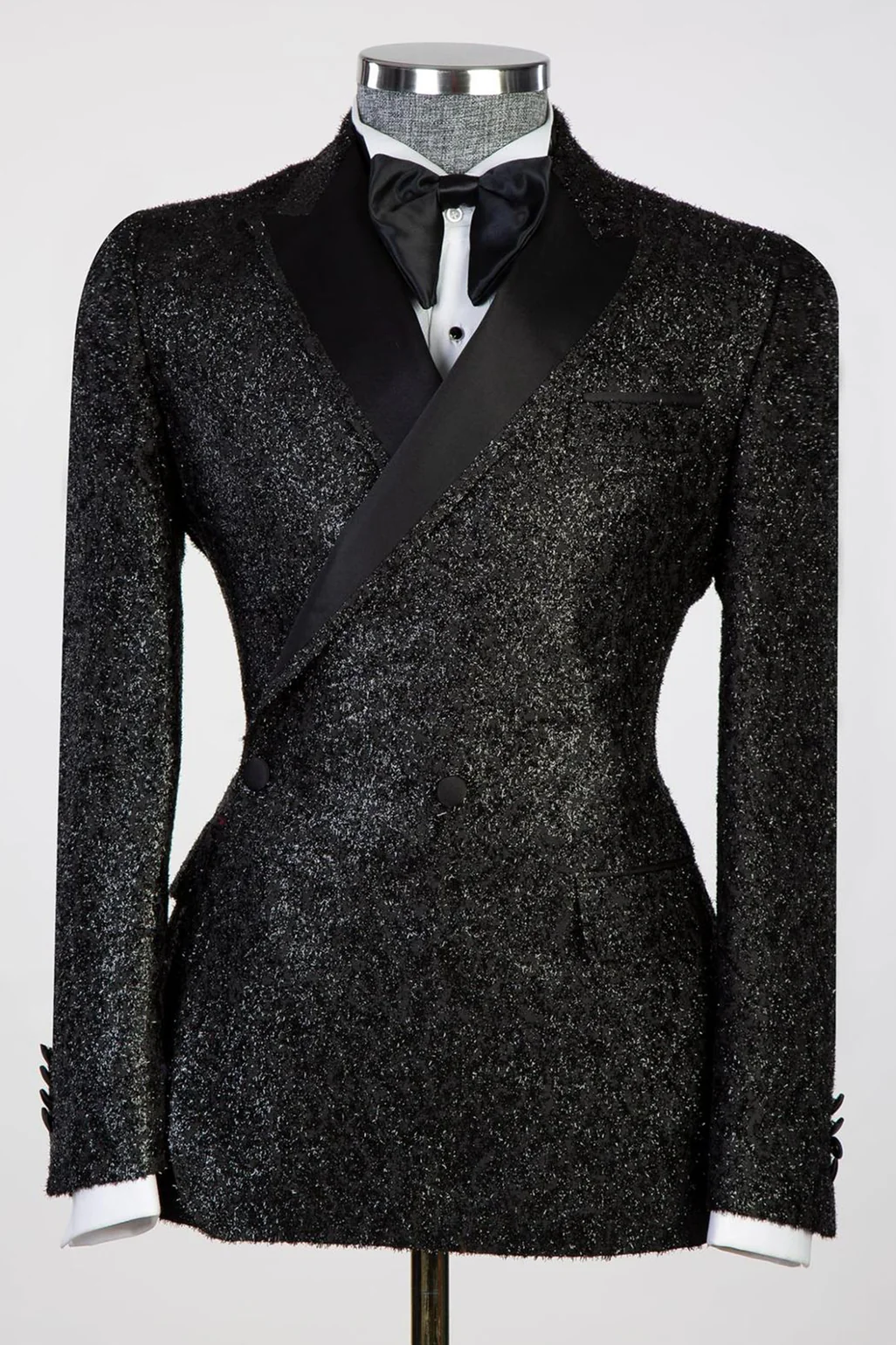 Black Frosted Side One-Button Men's Suit with Satin Lapel