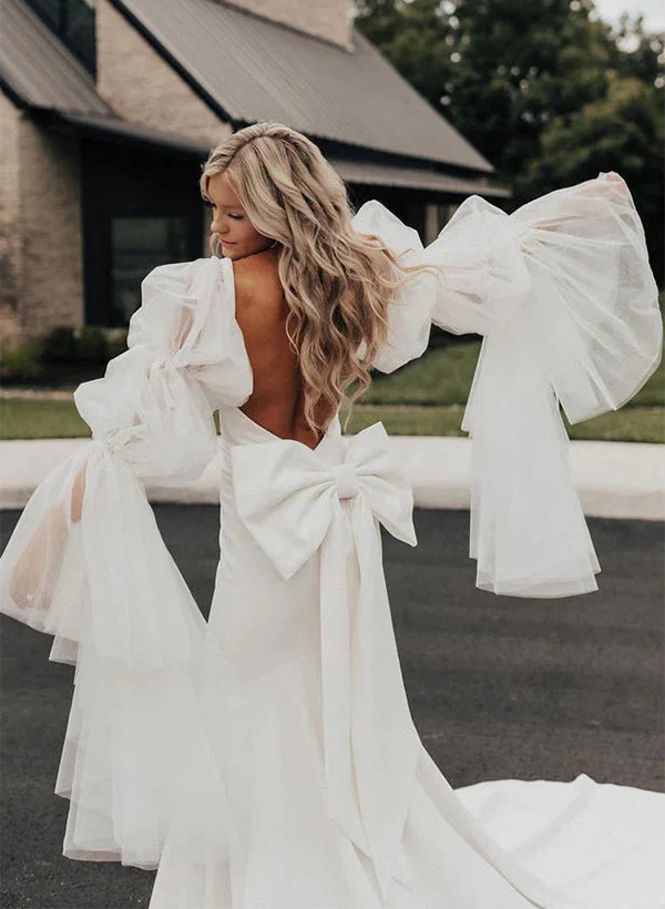 Boho Garden Mermaid Fitted Wedding Dress Open Back Bow