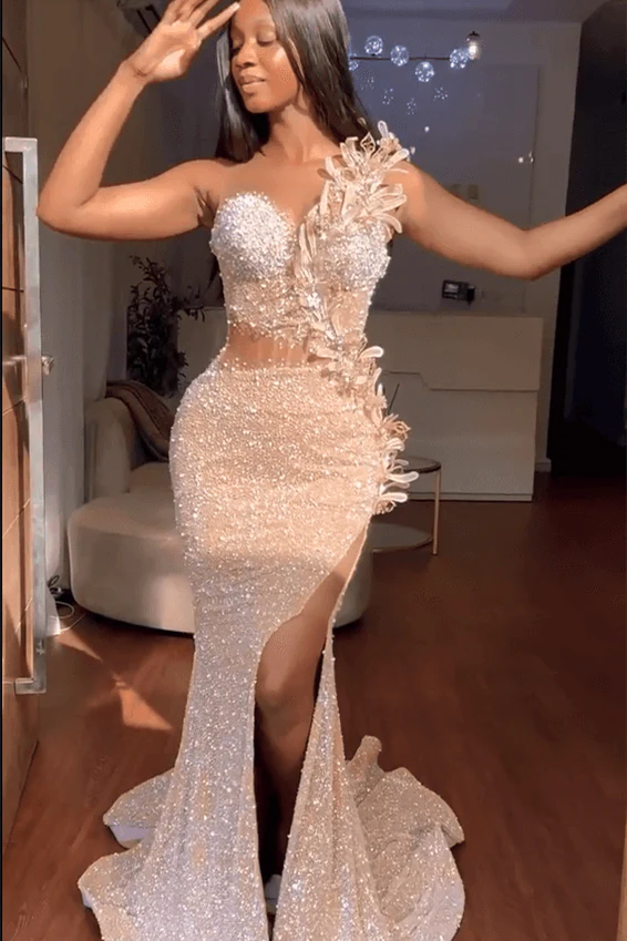 Gorgeous Sweetheart Sleeveless Mermaid Prom Dresses With Split Sequins Beadings