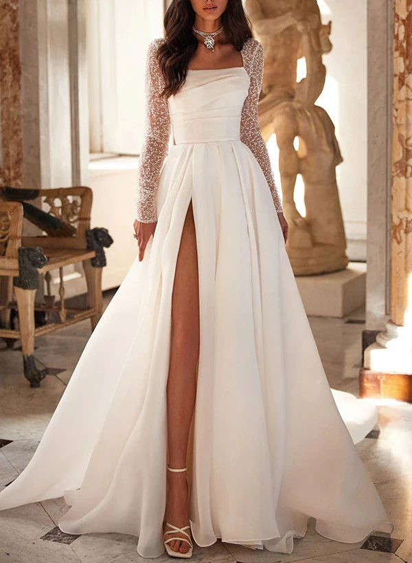 Chic A-line Square Neckline Long Sleeves Chiffon Wedding Dresses High Split