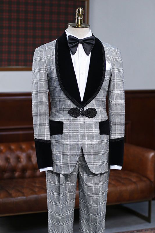 Custom design Gray Plaid Knitted Button Wedding Suit For Grooms