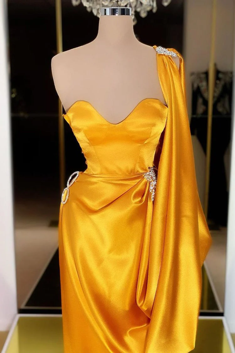 Designer Yellow Gold One Shoulder Long Evening Prom Dress With Ruffles - Image 2