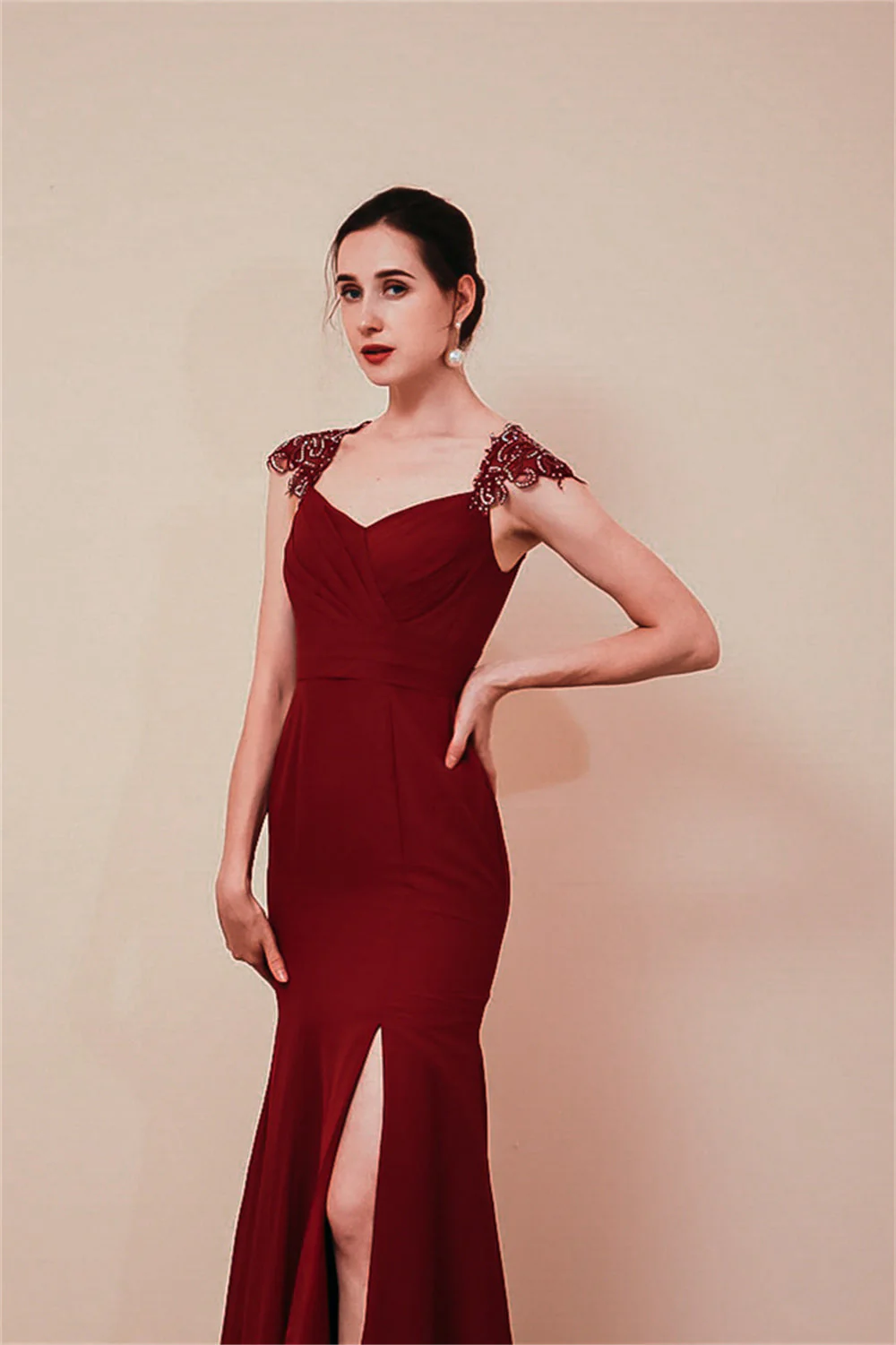 Dusty Pink Cap sleeves Chiffon Column Evening Dress - Image 9
