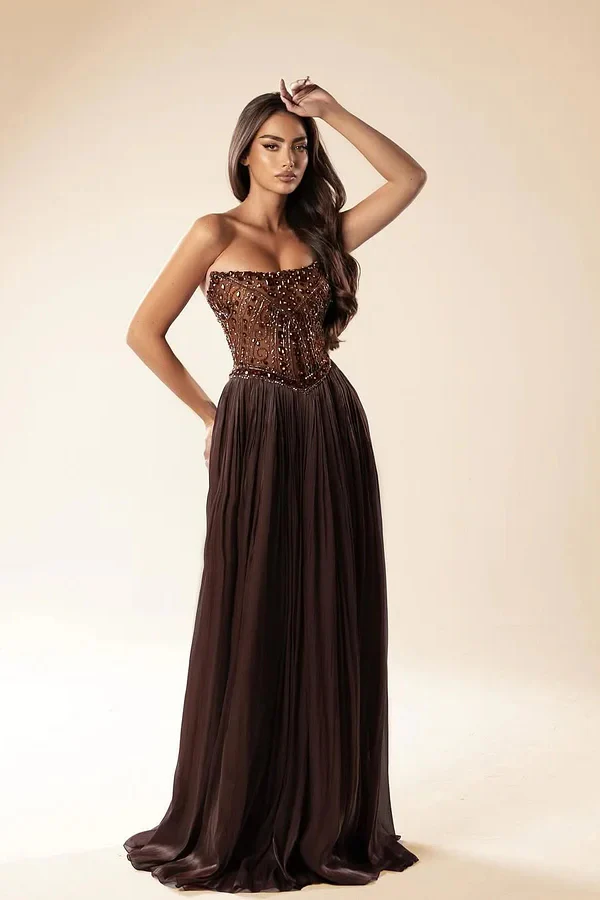 Elegant Brown Strapless Sleeveless A-Line Prom Dresses Gem Long With Pleats - Image 2