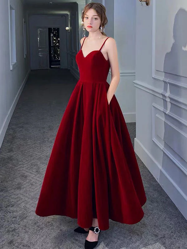 Stunning Evening Dress A Line Sweetheart Neck Velour Floor Length Pockets Formal Party Dresses