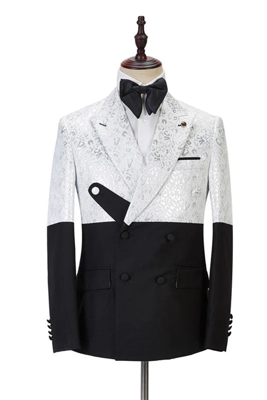 Fashion Black and White Jacquard Peaked Lapel Men Suits Online