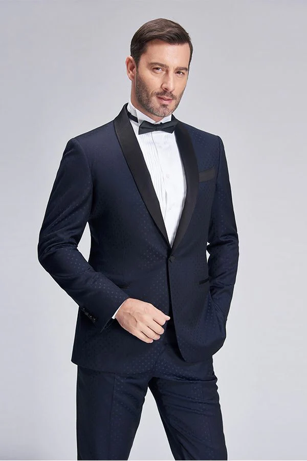 Chic Blue Dots Shawl Lapel Wedding Tuxedos Dark Navy Wedding Suits for Men - Image 8