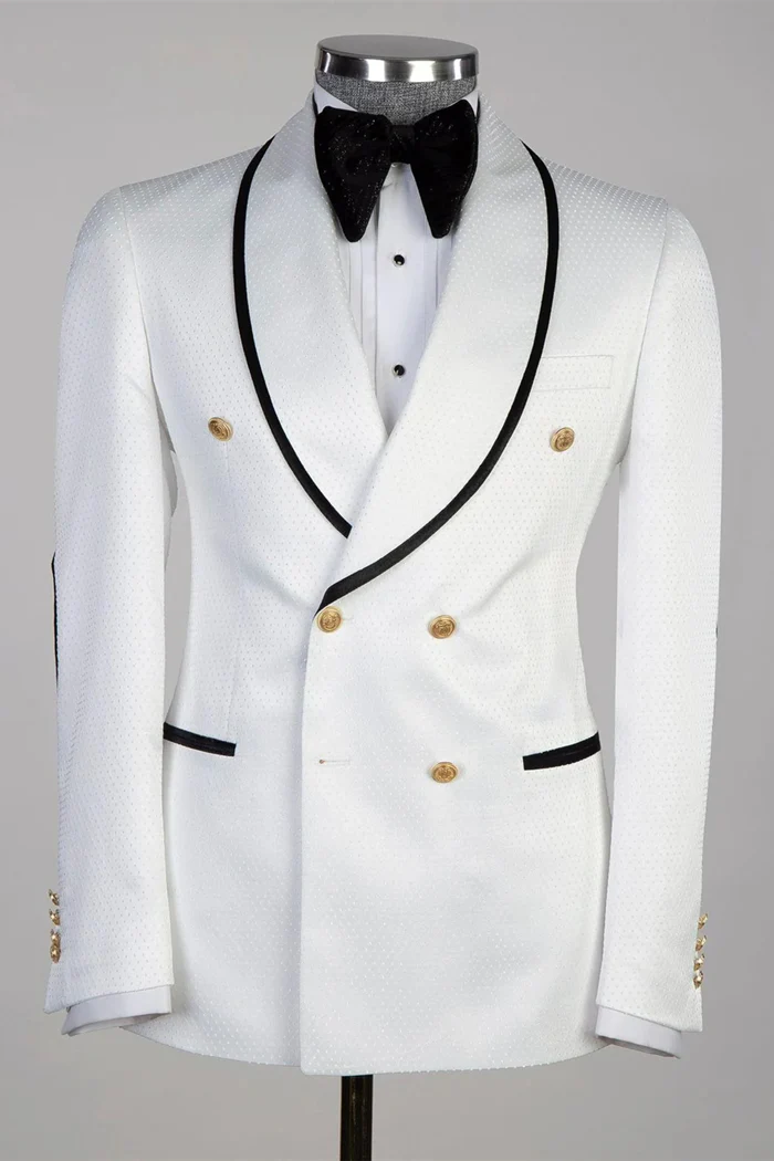Golden Button White Wedding Suit with Black Edge