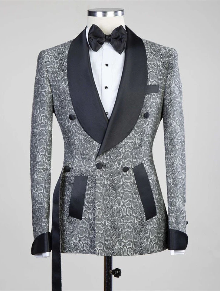 Gray Double Breasted Jacquard Wedding Men Suits with Black Lapel