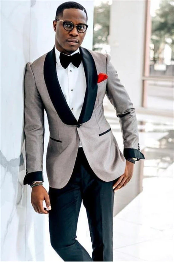 Gray One Button Wedding Groom Mens Suit with Black Lapel