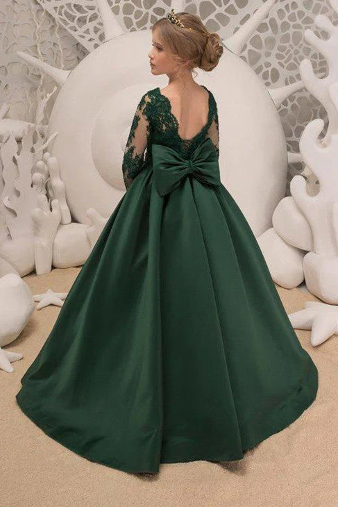 Green Jewel Lace Backless Bowtie Long Sleeves Floor Length Girl Party Flower Girl Dresses - Image 4