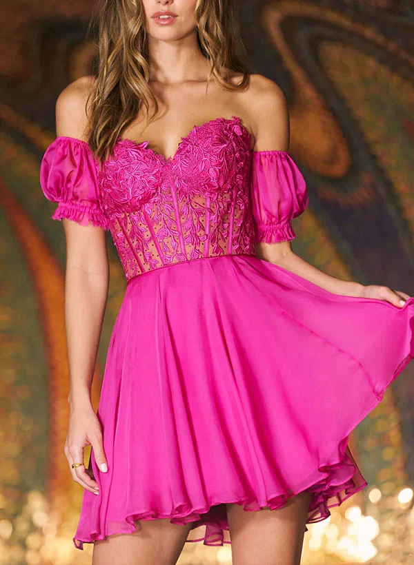 Hot Pink Sweetheart Short Sleeves Homecoming Dresses With Appliques Lace