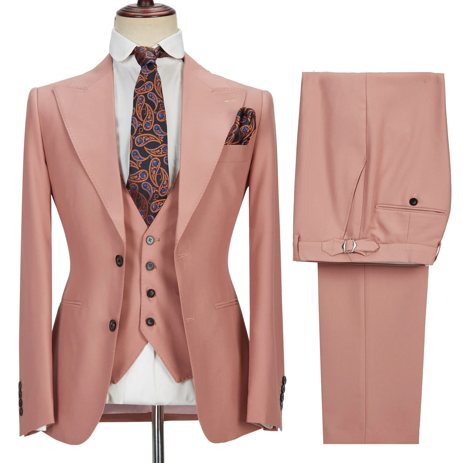 3 Piece Coral Pink Two Buttons Peak Lapel Classic Men's Suit - Image 5