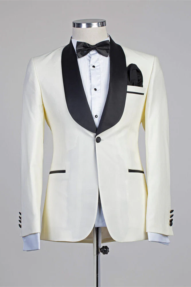 Ivory One Button Simple Slim Fit Wedding Suits with Black Lapel