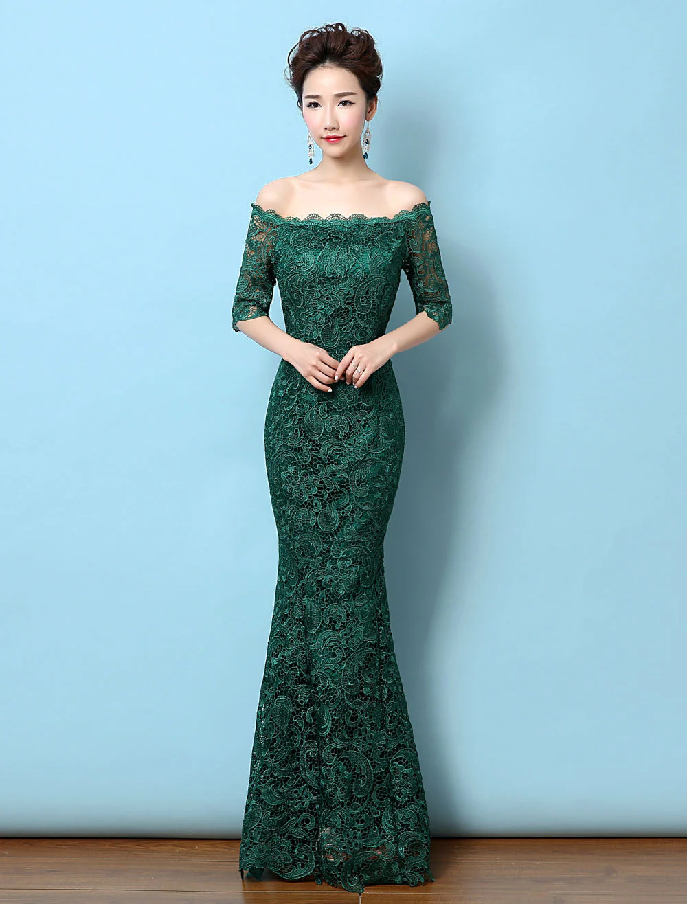 Stunning Lace Evening Dress Off The Shoulder Mermaid Party Dress Dark Green Half Sleeve Maxi Occasion Dress wedding guest dress