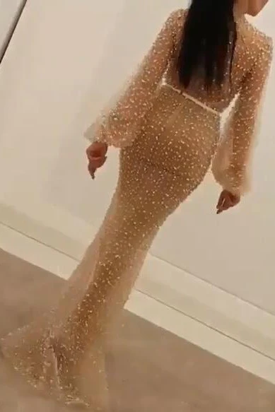 Long Sleeves Modest Mermaid Prom Dress Long Small Round Collar - Image 3