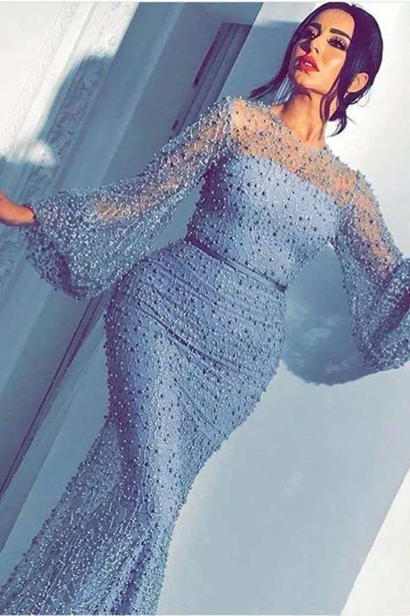 Long Sleeves Modest Mermaid Prom Dress Long Small Round Collar - Image 4