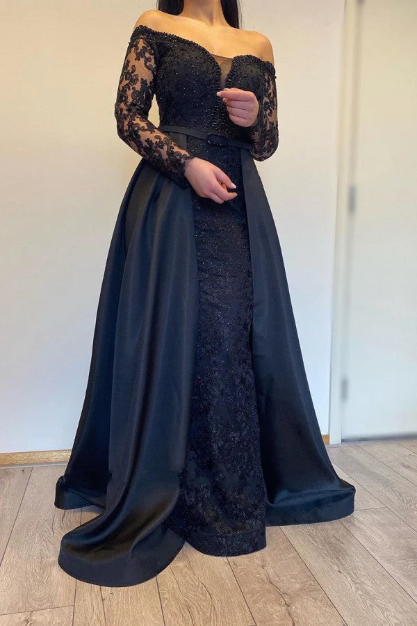 Long Sleevess Black A-line off-the-shoulder Evening Dresses