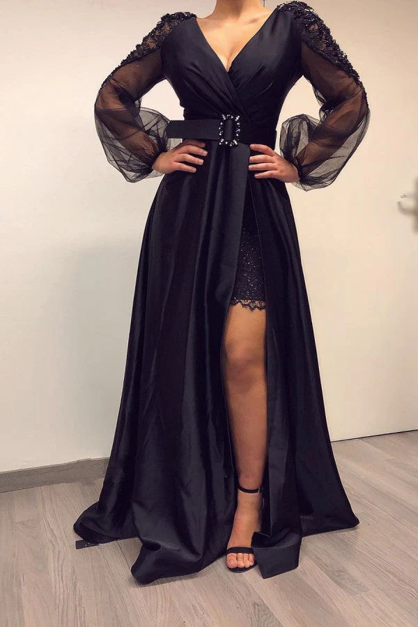 Long Sleevess Black V-neck High Split Bishop sleeves Evening Dresses