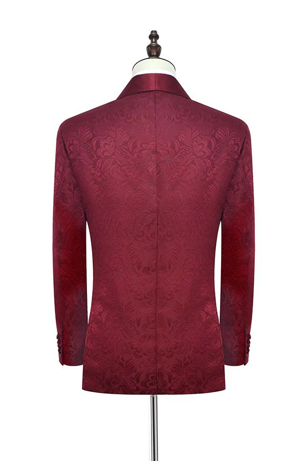 Luxury Burgundy Jacquard One Button Silk Shawl Lapel Mens Suits for Wedding and Prom - Image 2