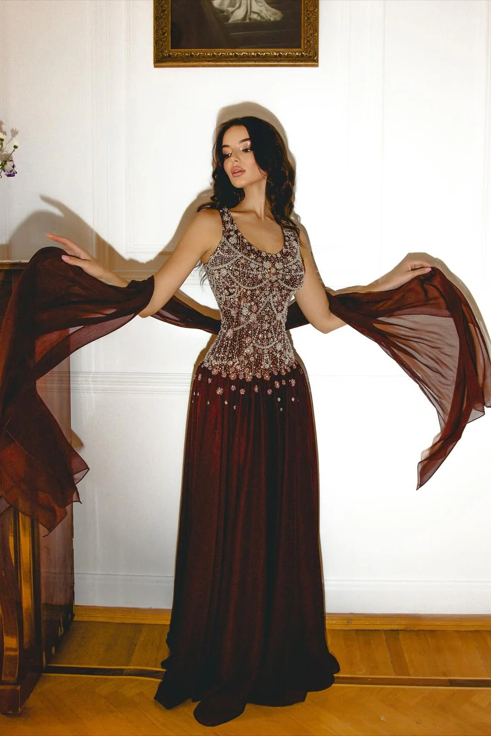 Luxury Cabernet Straps Sleeveless A-Line Prom Dresses Long Pleats With Beads