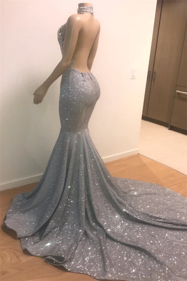 Mermaid Deep V-neck Halter Chapel Backless Paillette Prom Dress - Image 3