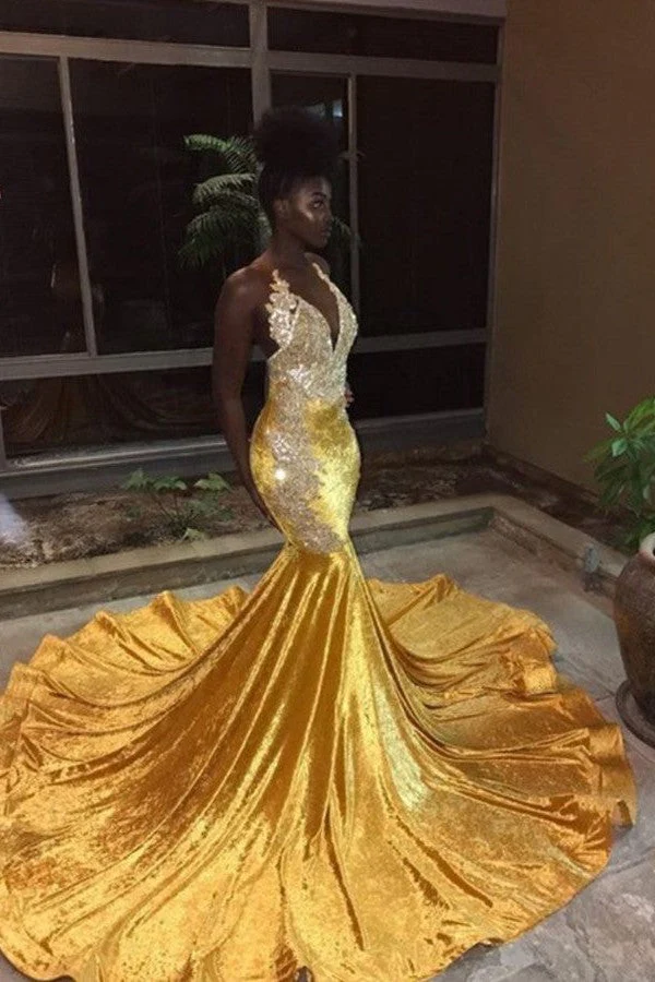 Mermaid Deep V-neck Halter Chapel Beading Prom Dress - Image 3