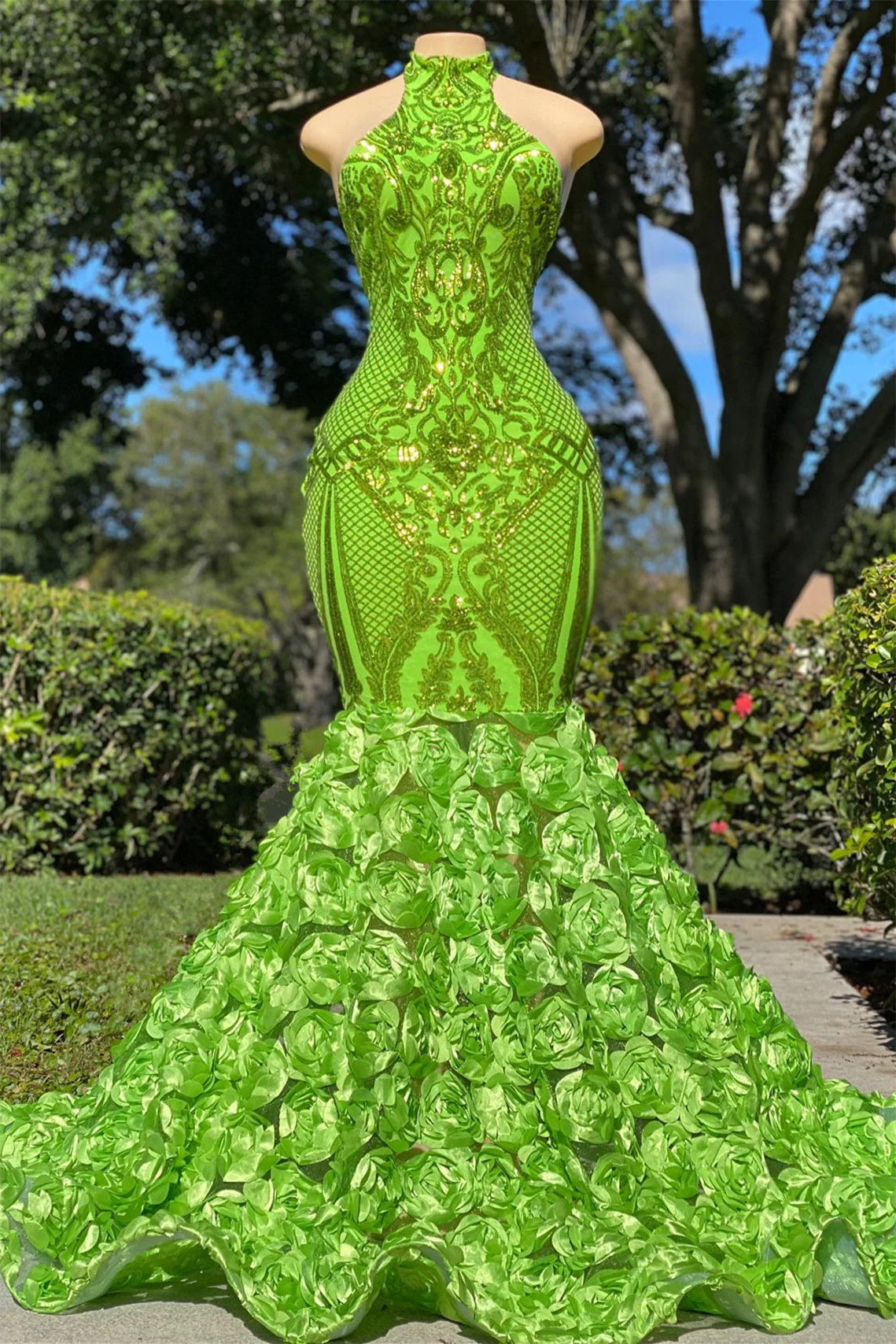 Mermaid High Neck Appliques Lace Sequined Open Back Floor-length Sleeveless Prom Dress