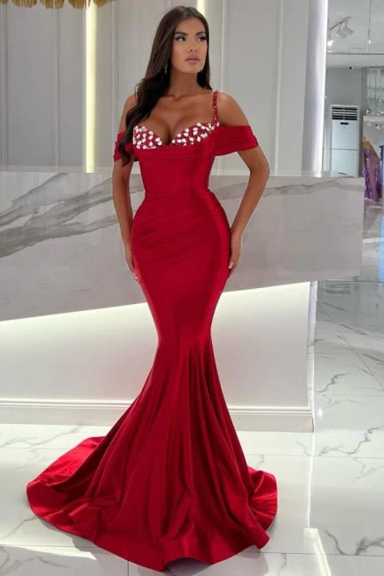 Ballbella Mermaid Red Spaghetti Straps Sweetheart Off-The-Shoulder Long Stain Evening Dress with Ruffles