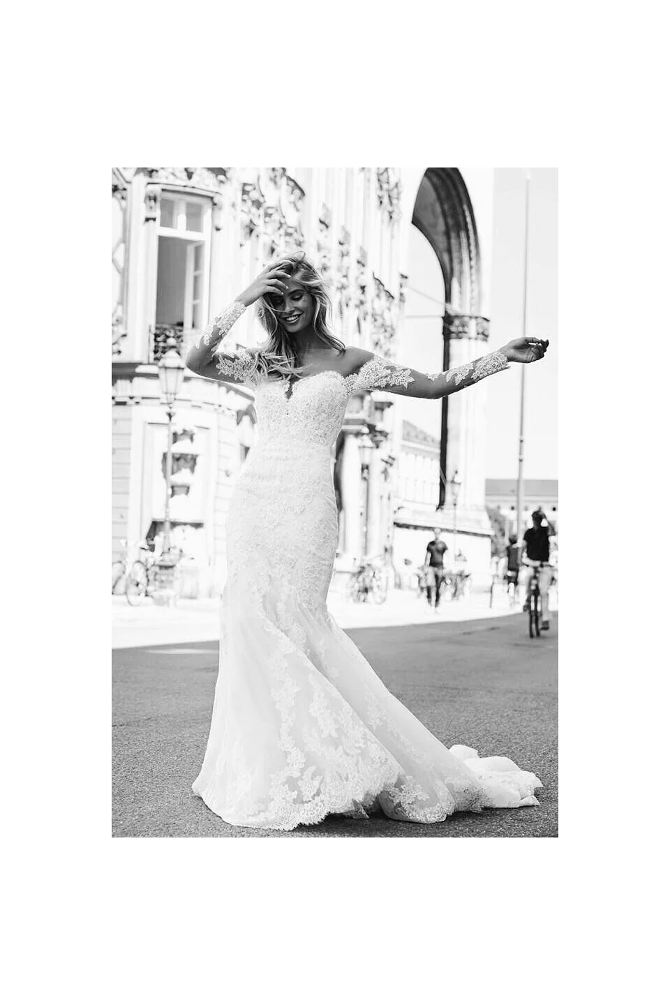 Mermaid Sweetheart Long Sleeve Floor Length Chapel Backless Applique Wedding Dress - Image 2