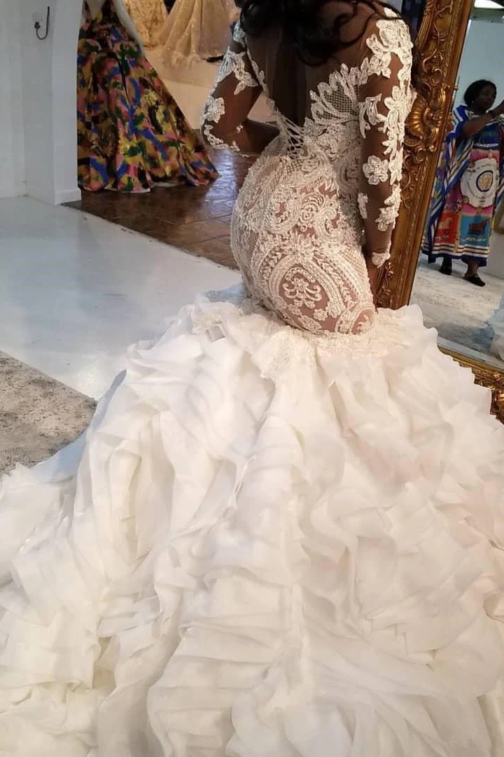 Mermaid Sweetheart Long Train Long Sleeves Backless Organza Applique Wedding Dress - Image 2
