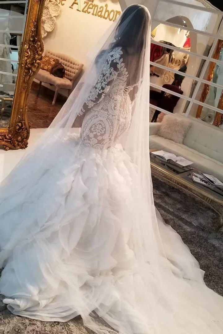 Mermaid Sweetheart Long Train Long Sleeves Backless Organza Applique Wedding Dress - Image 3