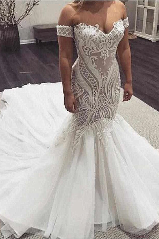 Mermaid Sweetheart Long Train Tulle Applique Wedding Dress - Image 2