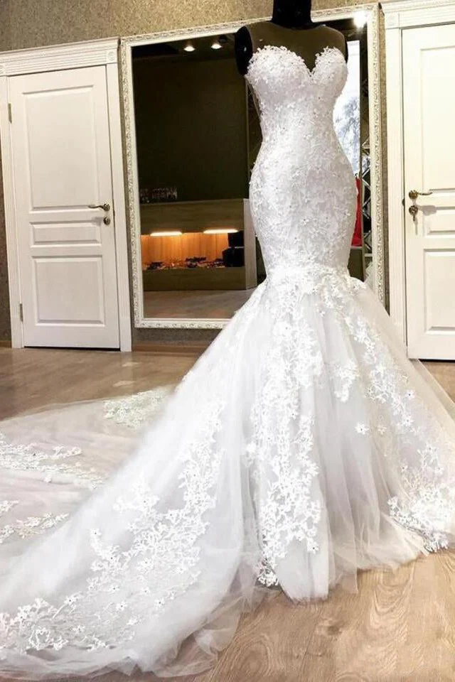 Mermaid Sweetheart Long Train Tulle Crochet Flower Wedding Dress - Image 2