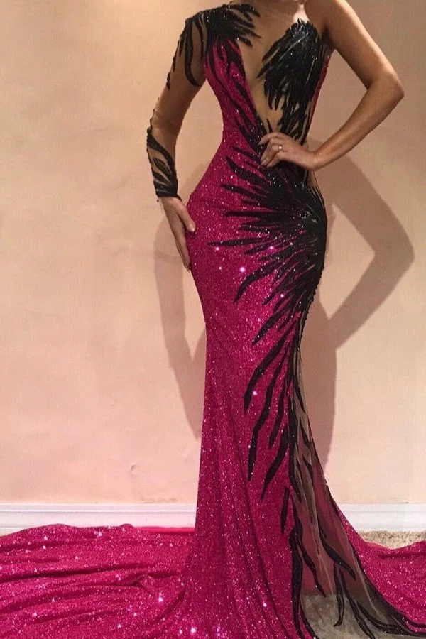 Mermaid Transparent Round Collar Chapel One-shoulder Long Sleeve Backless Paillette Prom Dress - Image 3