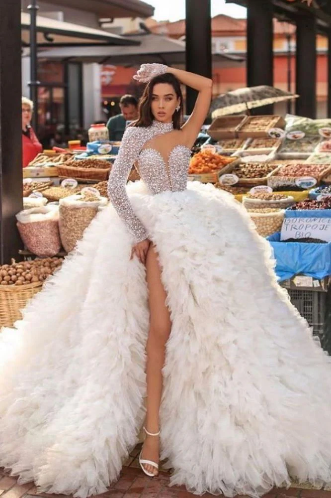 Modern One Shoulder Feather Splitfront Wedding Party Gown Glitter Sequins - Image 2