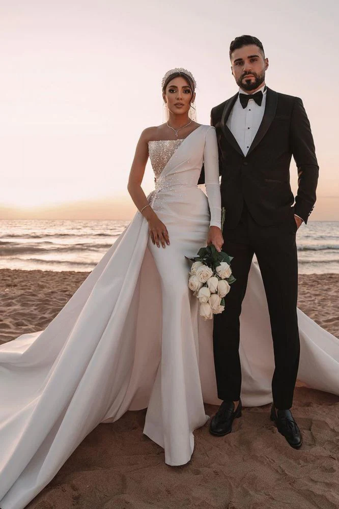 Modern One Shoulder Ruffles Satin Sparkly Seqiuns Mermaid Bridal Dress - Image 6