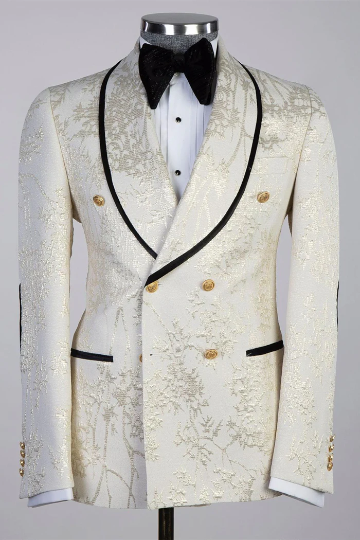 Off-White Shawl Lapel Double-Breasted Jacquard Prom Suit