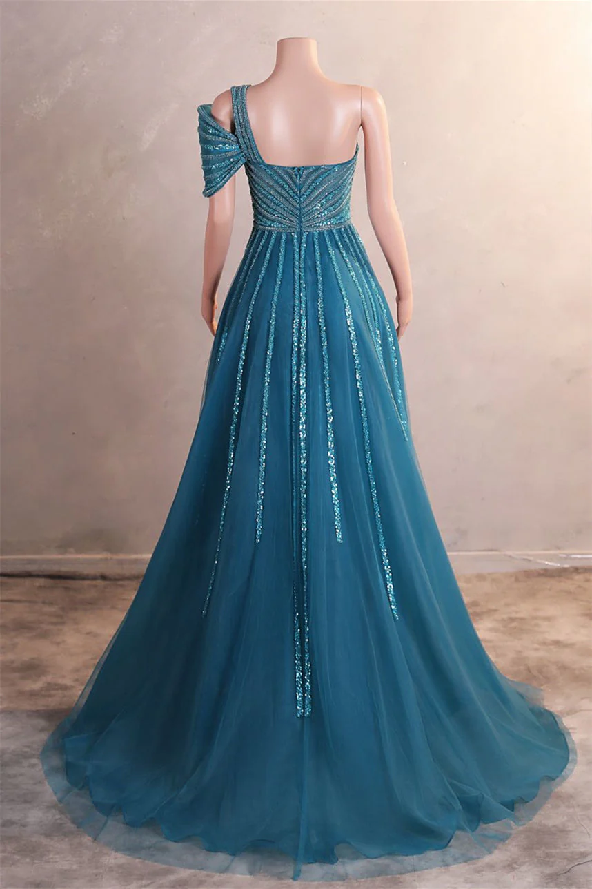 One-Shoulder Beading Sweep Train Backless Evening Dress - Image 2